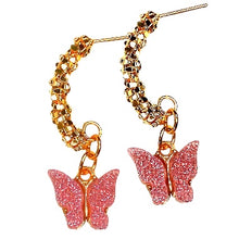 Load image into Gallery viewer, BUTTERFLIES AND BEES Collection: Arched Pink Glitter Butterflies Earrings (designed Fall 2023)
