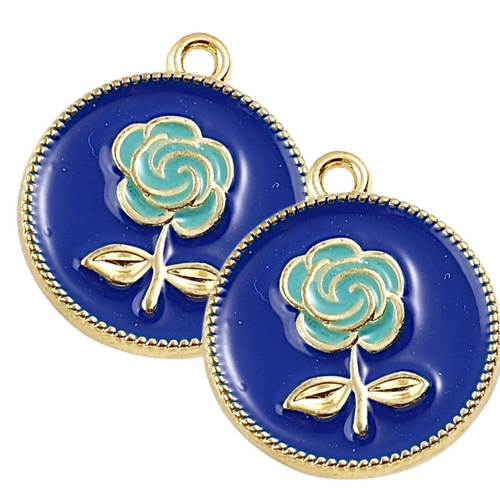 Green Rose on Blue Charms, pair for sliding onto hoop earrings