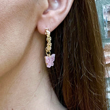 Load image into Gallery viewer, BUTTERFLIES AND BEES Collection: Arched Pink Glitter Butterflies Earrings (designed Fall 2023)
