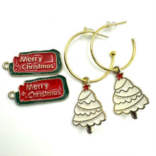 Load image into Gallery viewer, C Hoops, gold: 2 pairs charms: Christmas trees and Merry Christmas