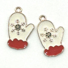 Load image into Gallery viewer, C Hoops, gold: 3 pairs charms: Christmas trees, Merry Christmas, and Mittens