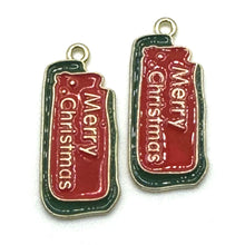 Load image into Gallery viewer, C Hoops, gold: 3 pairs charms: Christmas trees, Merry Christmas, and Mittens