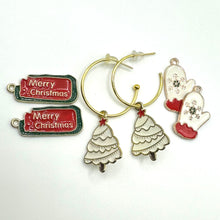 Load image into Gallery viewer, C Hoops, gold: 3 pairs charms: Christmas trees, Merry Christmas, and Mittens