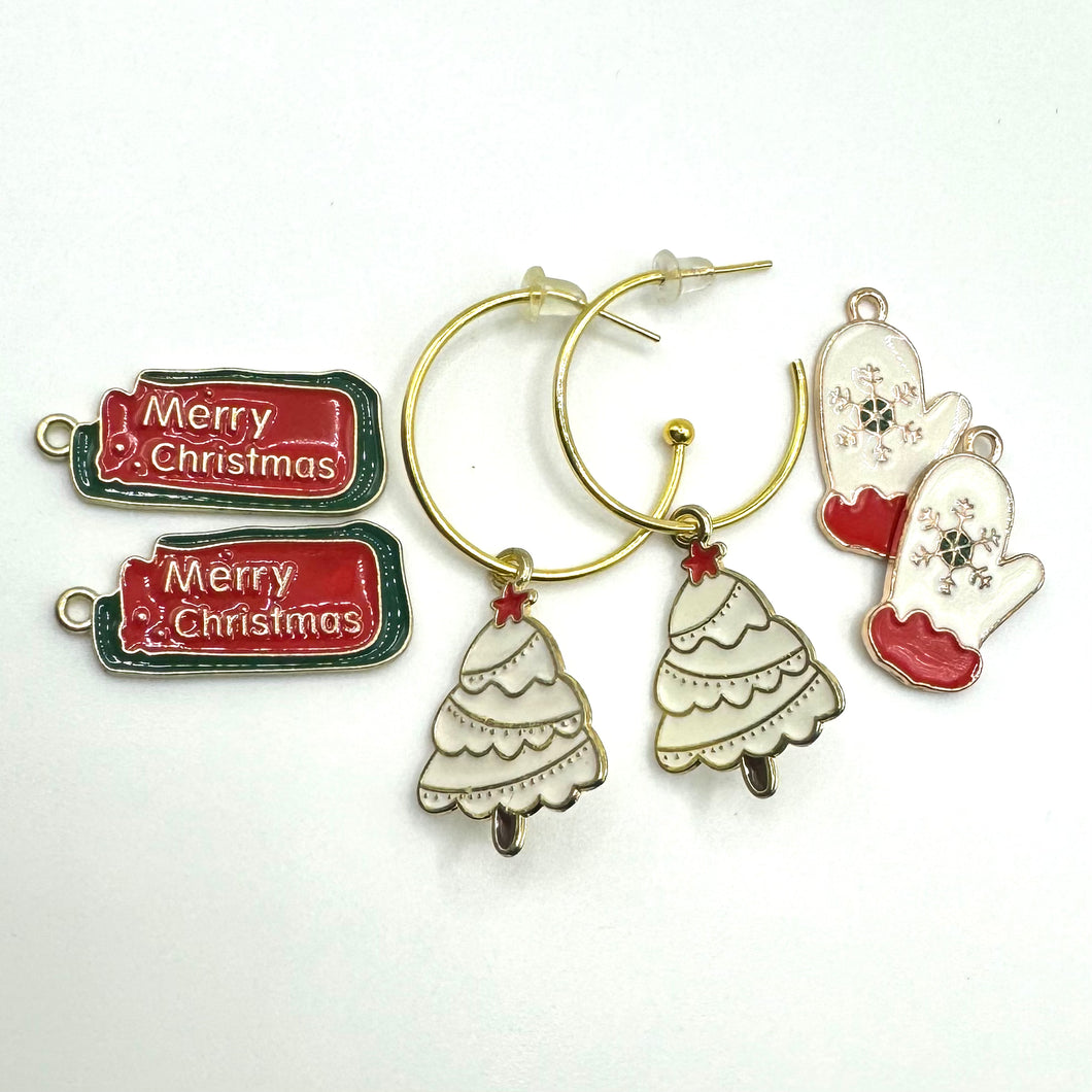 C Hoops, gold: 3 pairs charms: Christmas trees, Merry Christmas, and Mittens