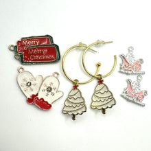 Load image into Gallery viewer, C Hoops, gold: 4 pairs charms: Christmas trees, Merry Christmas, Mittens, and Sleighs