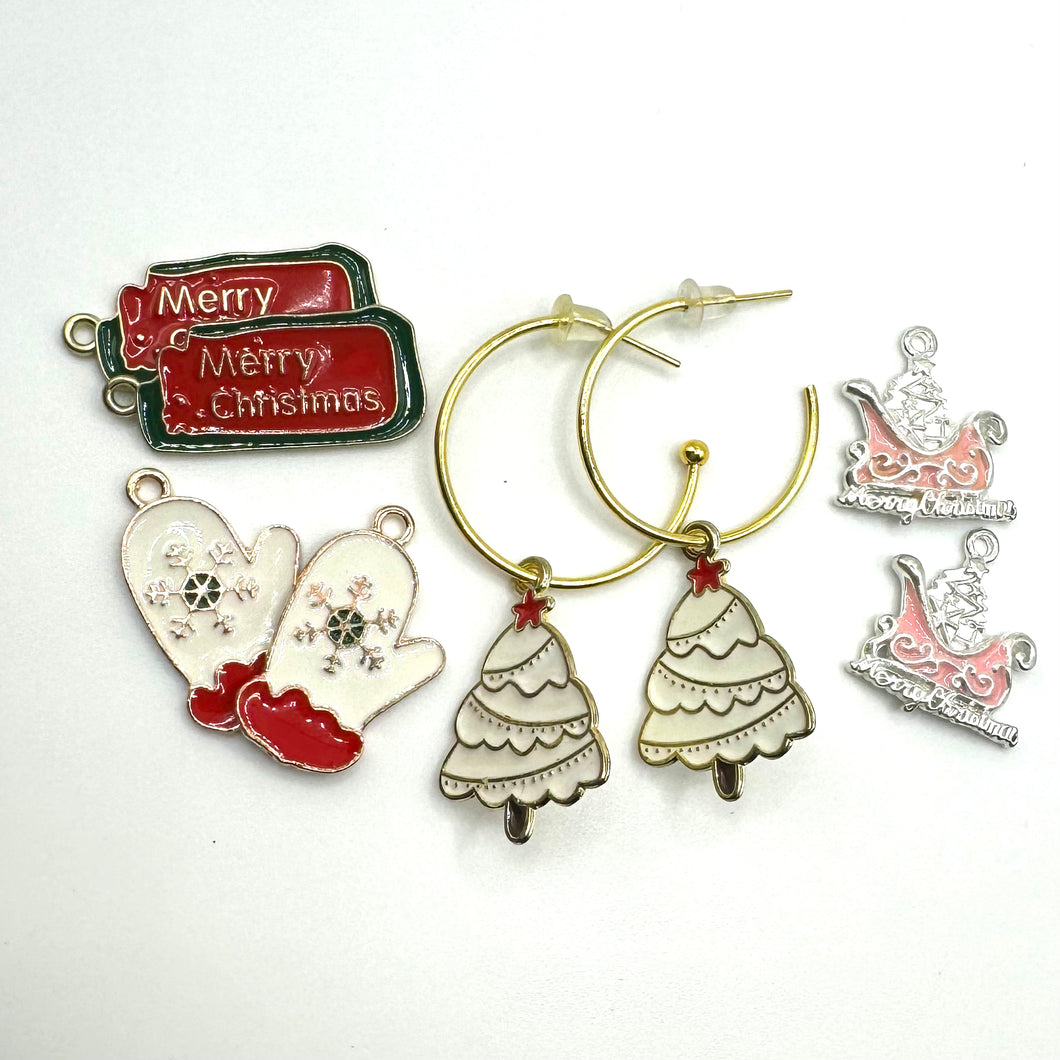 C Hoops, gold: 4 pairs charms: Christmas trees, Merry Christmas, Mittens, and Sleighs