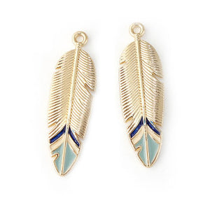 Feather Charm, Goldtone with Green Enamel