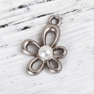 Flower Charm, Matte Silver with Pearl